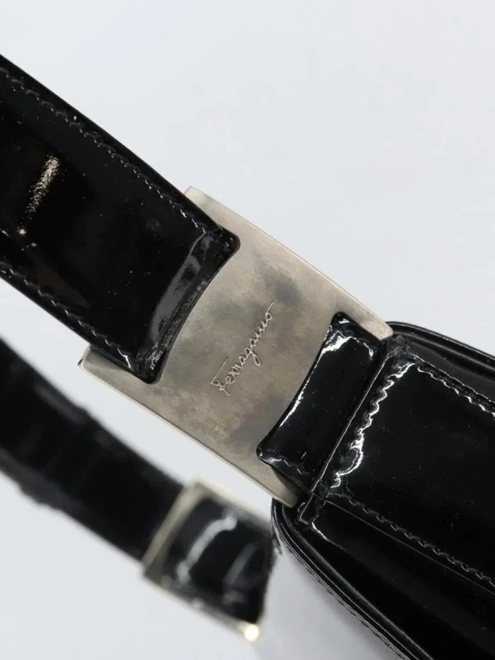 Salvatore Ferragamo Shoulder Bag Patent leather Black Silver Auth bs32415
